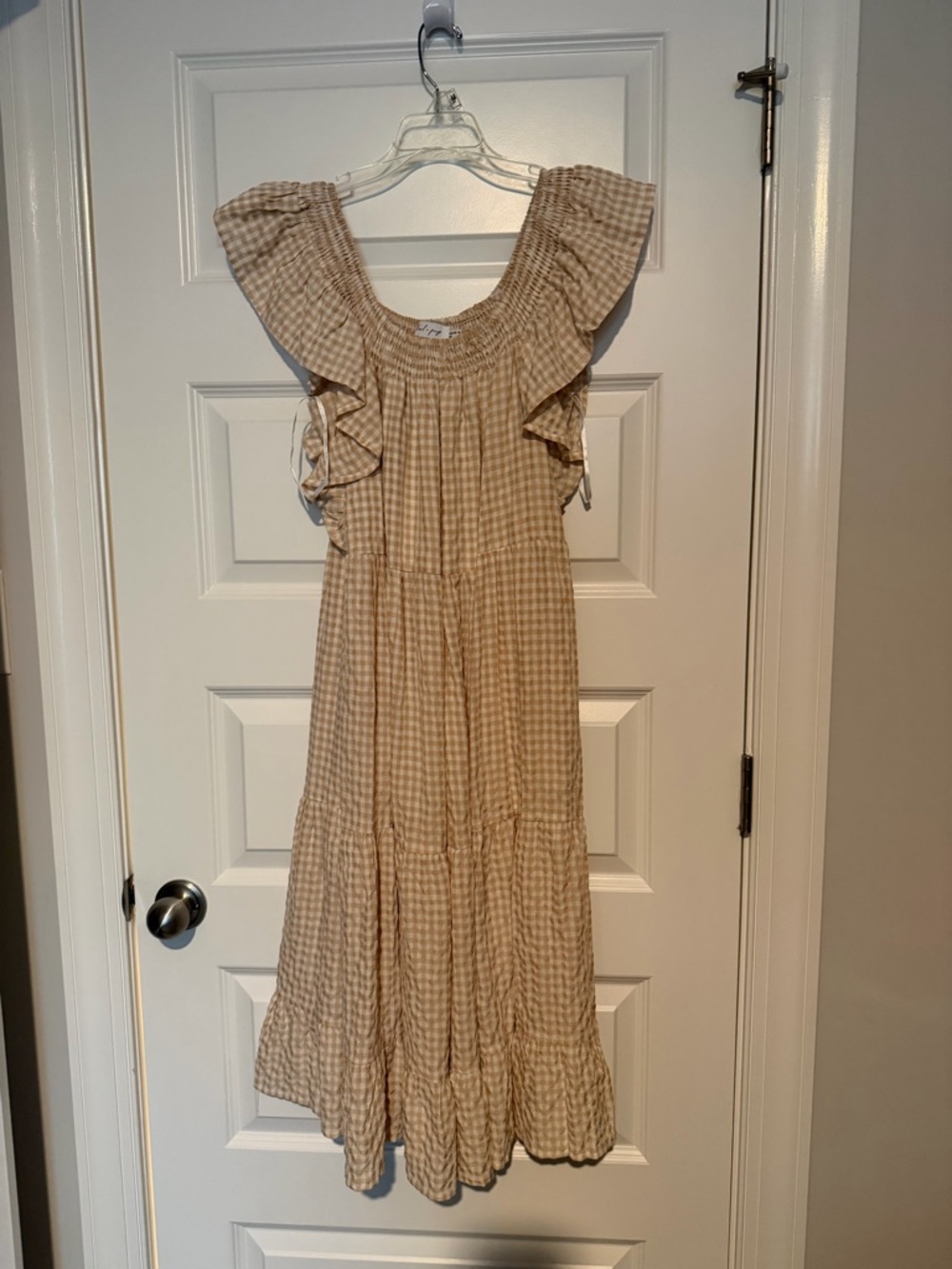 Beige Gingham Ruffle Dress